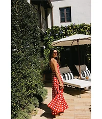 Antonio Melani x Stephanie Covington Nicole Poplin Printed Gingham Jewel Neck Open Back A-Line Maxi Dress