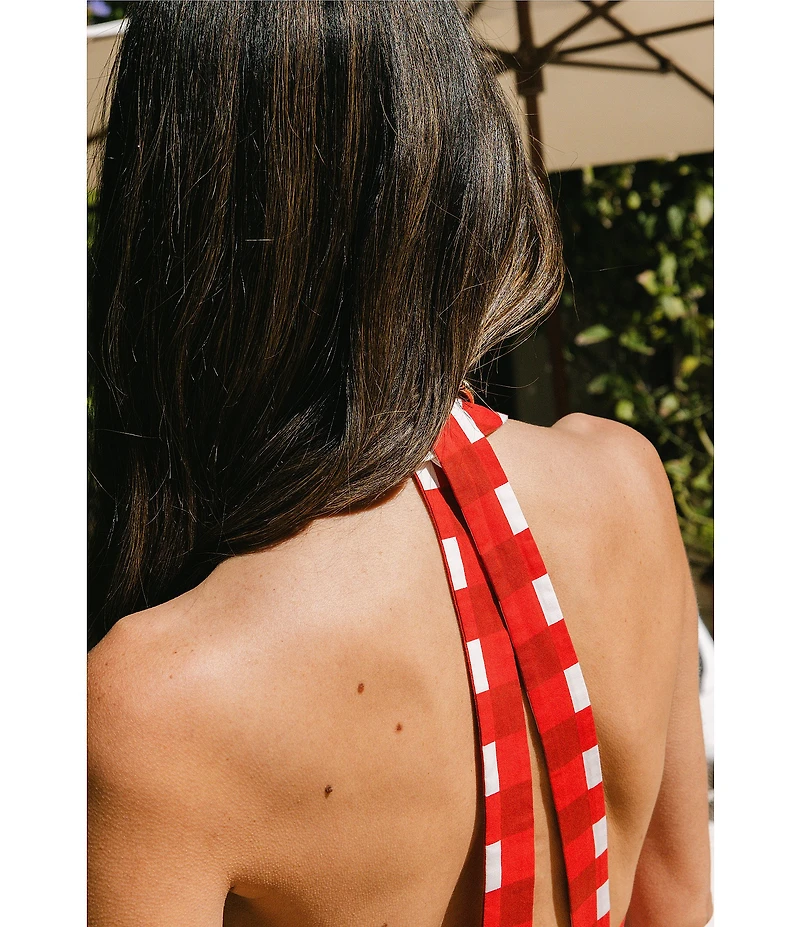 Antonio Melani x Stephanie Covington Nicole Poplin Printed Gingham Jewel Neck Open Back A-Line Maxi Dress