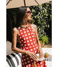 Antonio Melani x Stephanie Covington Nicole Poplin Printed Gingham Jewel Neck Open Back A-Line Maxi Dress