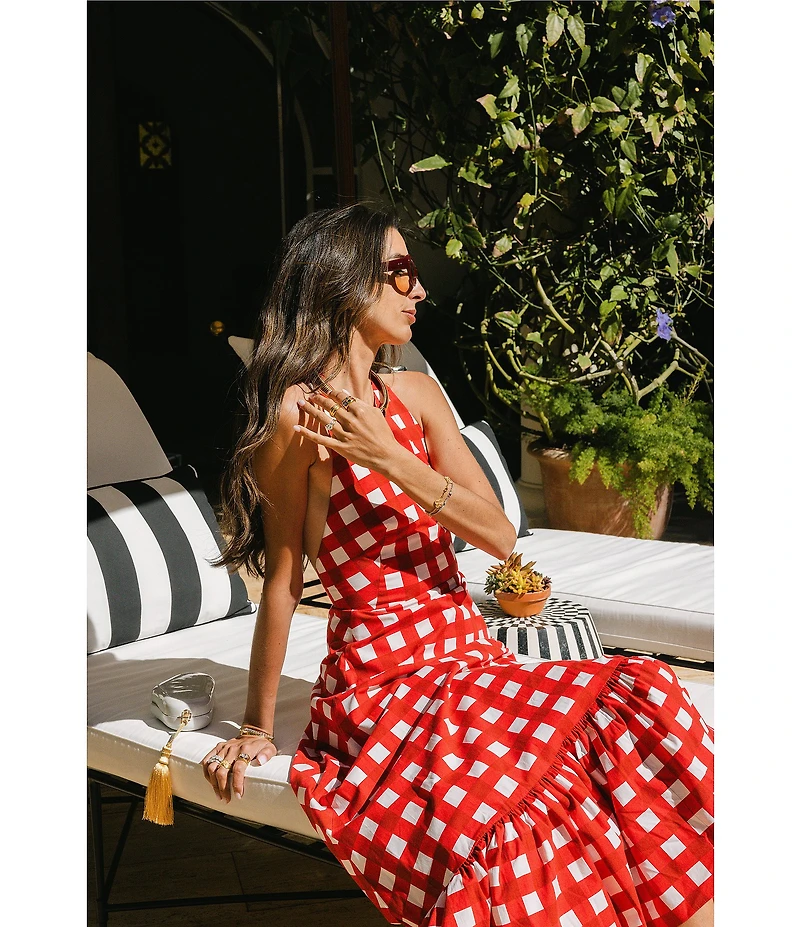 Antonio Melani x Stephanie Covington Nicole Poplin Printed Gingham Jewel Neck Open Back A-Line Maxi Dress