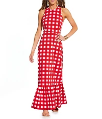 Antonio Melani x Stephanie Covington Nicole Poplin Printed Gingham Crew Neck Open Back A-Line Maxi Dress