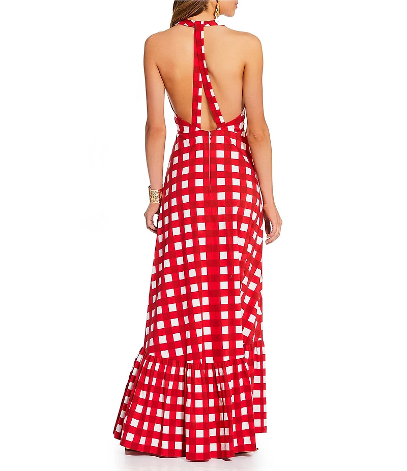 Antonio Melani x Stephanie Covington Nicole Poplin Printed Gingham Crew Neck Open Back A-Line Maxi Dress