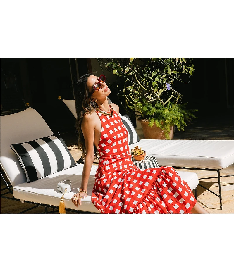 Antonio Melani x Stephanie Covington Nicole Poplin Printed Gingham Crew Neck Open Back A-Line Maxi Dress