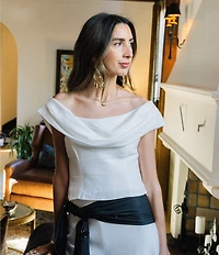 Antonio Melani x Stephanie Covington of A Life Well Saved Kaitlin Satin Drape Cowl Neck Off the Shoulder Coordinating Blouse