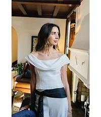 Antonio Melani x Stephanie Covington of A Life Well Saved Kaitlin Satin Drape Cowl Neck Off the Shoulder Coordinating Blouse
