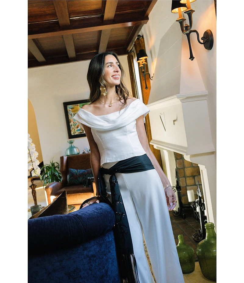 Antonio Melani x Stephanie Covington of A Life Well Saved Kaitlin Satin Drape Cowl Neck Off the Shoulder Coordinating Blouse