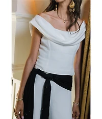 Antonio Melani x Stephanie Covington of A Life Well Saved Kaitlin Satin Drape Cowl Neck Off the Shoulder Coordinating Blouse