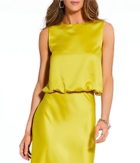 Antonio Melani x Stephanie Covington Yolanda Satin Jewel Neck Bubble Hem Coordinating Blouse