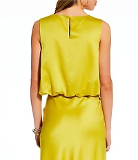 Antonio Melani x Stephanie Covington Yolanda Satin Jewel Neck Bubble Hem Coordinating Blouse