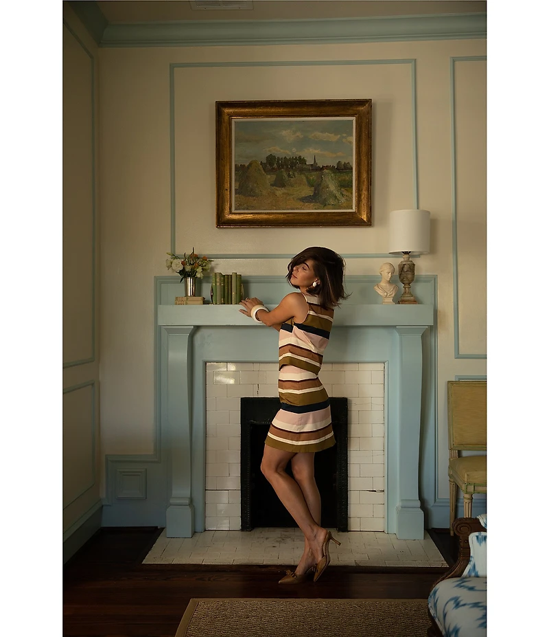 Antonio Melani x Style Bungalow Cabana Striped Printed Twill Two Piece Blouse And Skirt Set