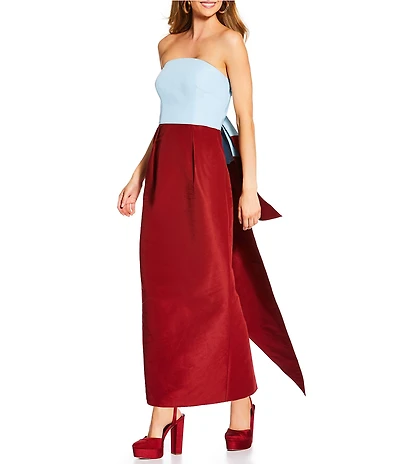 Antonio Melani x The Nat Note Delfina Color Block Taffeta Strapless Sheath Bow Maxi Dress