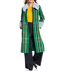 Antonio Melani x The Nat Note Patsy Textured Plaid Tweed Peter Pan Faux Fur Collar Trench Coat
