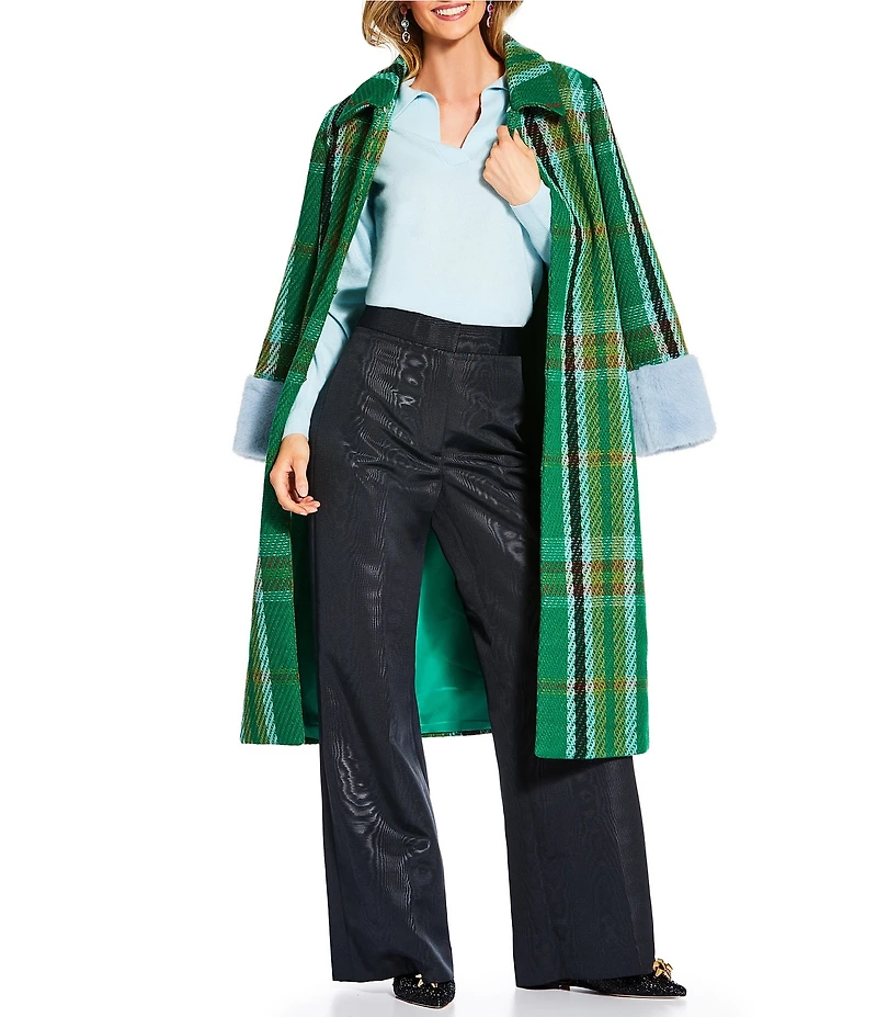 Antonio Melani x The Nat Note Patsy Textured Plaid Tweed Peter Pan Faux Fur Collar Trench Coat