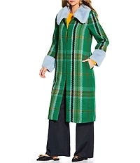 Antonio Melani x The Nat Note Patsy Textured Plaid Tweed Peter Pan Faux Fur Collar Trench Coat