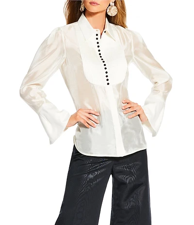 Antonio Melani x The Nat Note Polly Organza Twill Button Front Long Sleeve Blouse
