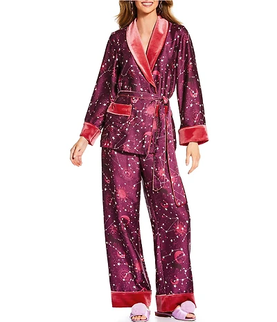 Antonio Melani x The Nat Note Stella Star And Moon Print Satin Twill Velvet Coordinating Jacket and Pant Set