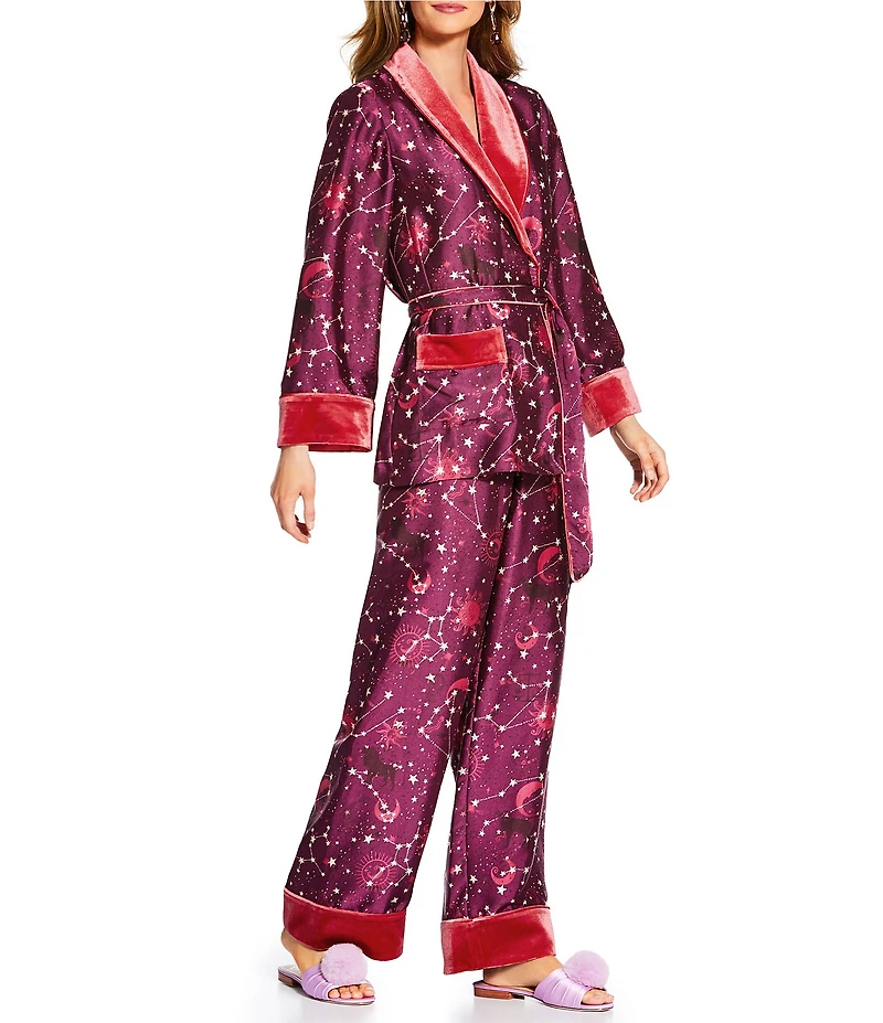 Antonio Melani x The Nat Note Stella Star And Moon Print Satin Twill Velvet Coordinating Jacket and Pant Set