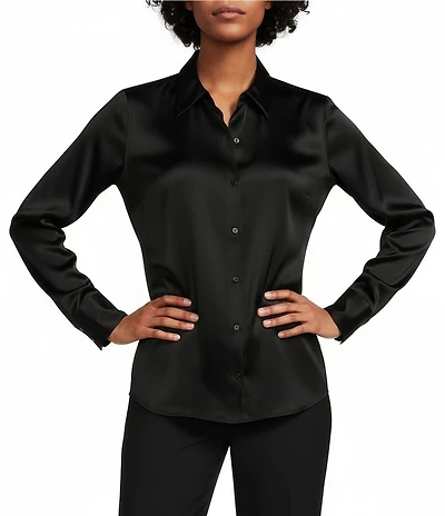 Antonio Melani Yana Button Front Point Collar Long Sleeve Stretch Silk Charmeuse Blouse