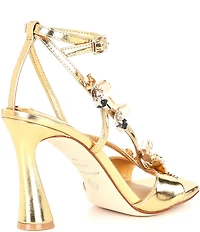 Antonio Melani Zoee Metallic Leather Flower Ornamented Ankle Strap Dress Sandals