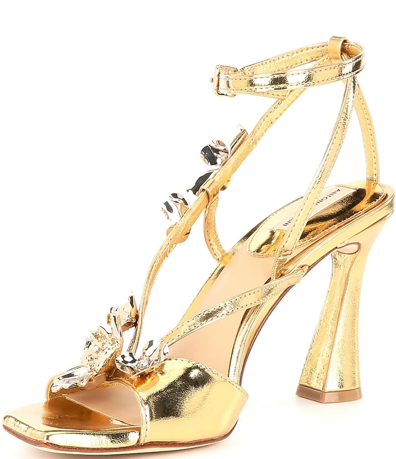 Antonio Melani Zoee Metallic Leather Flower Ornamented Ankle Strap Dress Sandals