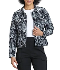 APNY Denim Monochromatic Abstract Print Point Collar Long Sleeve Crop Length Jacket