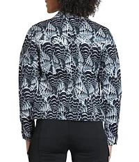 APNY Denim Monochromatic Abstract Print Point Collar Long Sleeve Crop Length Jacket