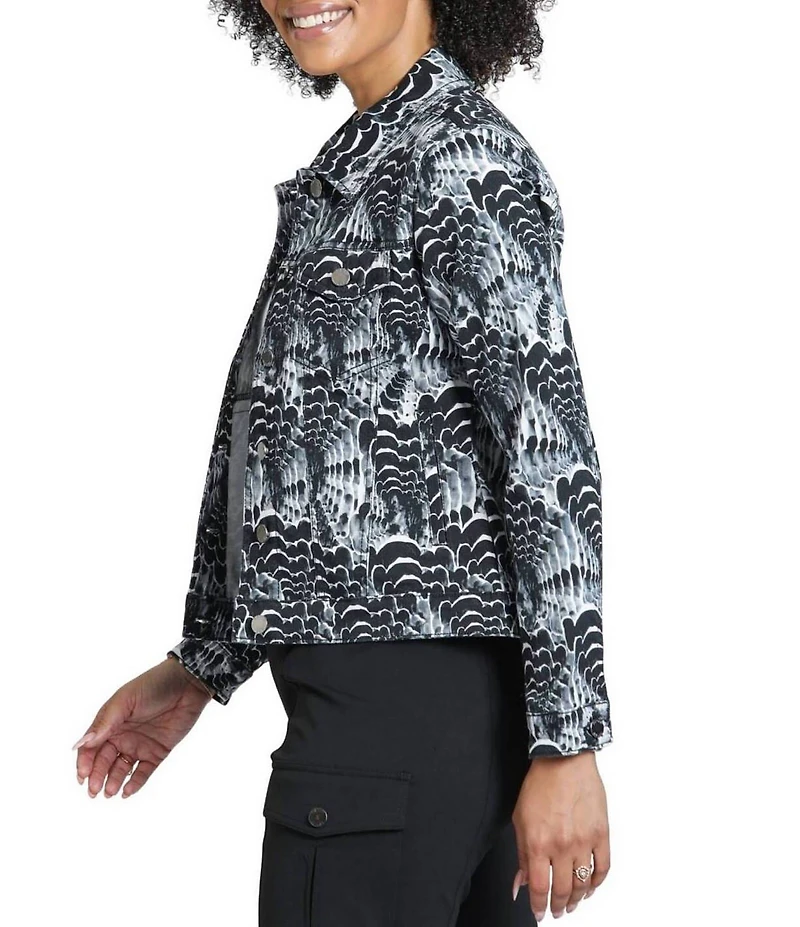 APNY Denim Monochromatic Abstract Print Point Collar Long Sleeve Crop Length Jacket