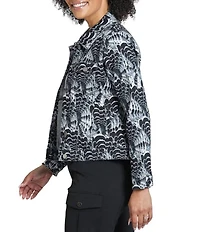APNY Denim Monochromatic Abstract Print Point Collar Long Sleeve Crop Length Jacket
