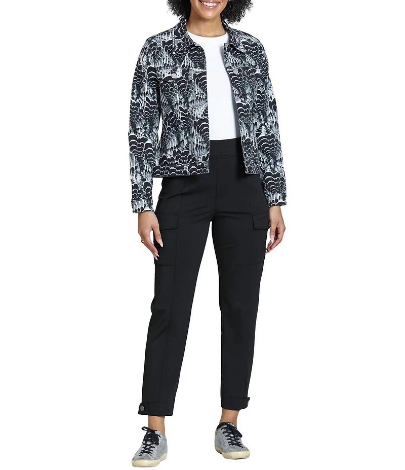APNY Denim Monochromatic Abstract Print Point Collar Long Sleeve Crop Length Jacket