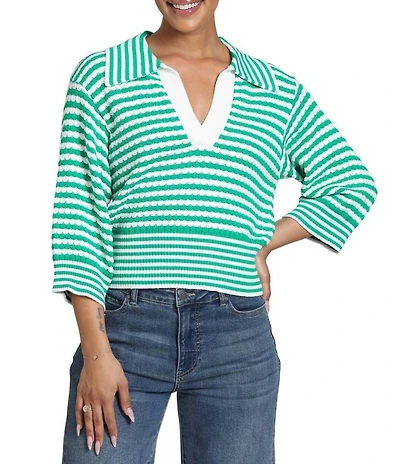 APNY Stripe Raised Texture Knit Split V-Neck 3/4 Sleeve Sweater Top