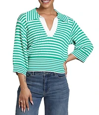 APNY Stripe Raised Texture Knit Split V-Neck 3/4 Sleeve Sweater Top