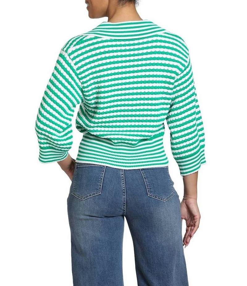 APNY Stripe Raised Texture Knit Split V-Neck 3/4 Sleeve Sweater Top