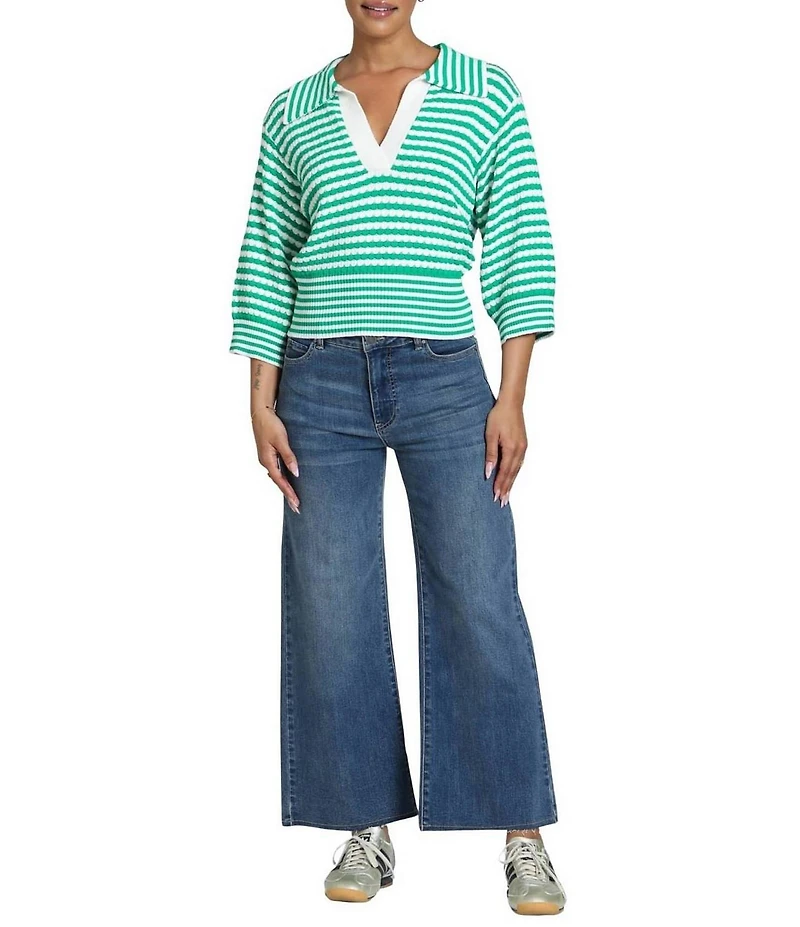 APNY Stripe Raised Texture Knit Split V-Neck 3/4 Sleeve Sweater Top