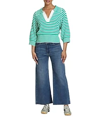 APNY Stripe Raised Texture Knit Split V-Neck 3/4 Sleeve Sweater Top