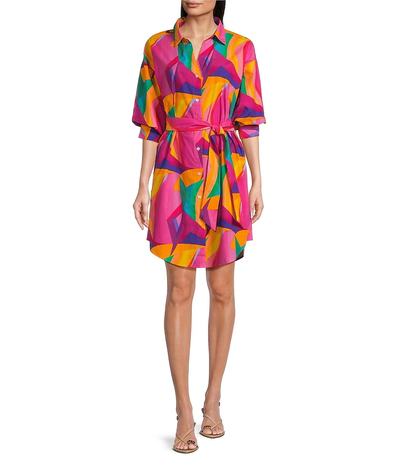 APNY Abstract Print Spread Collar 3/4 Puff Sleeve Self Belt Shirt Dress