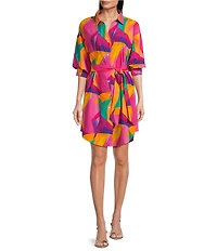 APNY Abstract Print Spread Collar 3/4 Puff Sleeve Self Belt Shirt Dress