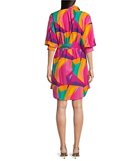 APNY Abstract Print Spread Collar 3/4 Puff Sleeve Self Belt Shirt Dress