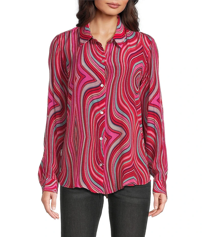 APNY Abstract Print Spread Collar Long Sleeve Button Down Shirt