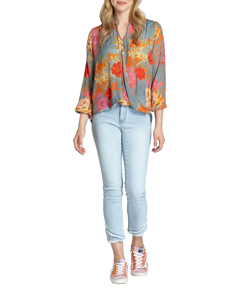 APNY Boho Floral V-Neck Long Sleeve Crossover Top