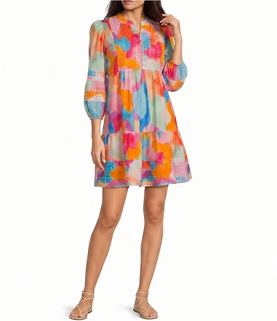 APNY Boho Woven Print Mandarin Collar Long Sleeve A-Line Dress