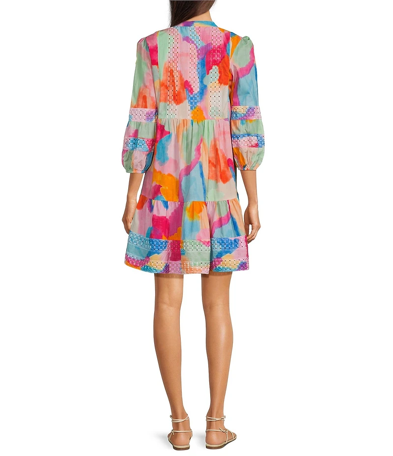 APNY Boho Woven Print Mandarin Collar Long Sleeve A-Line Dress