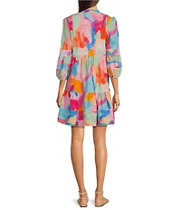 APNY Boho Woven Print Mandarin Collar Long Sleeve A-Line Dress