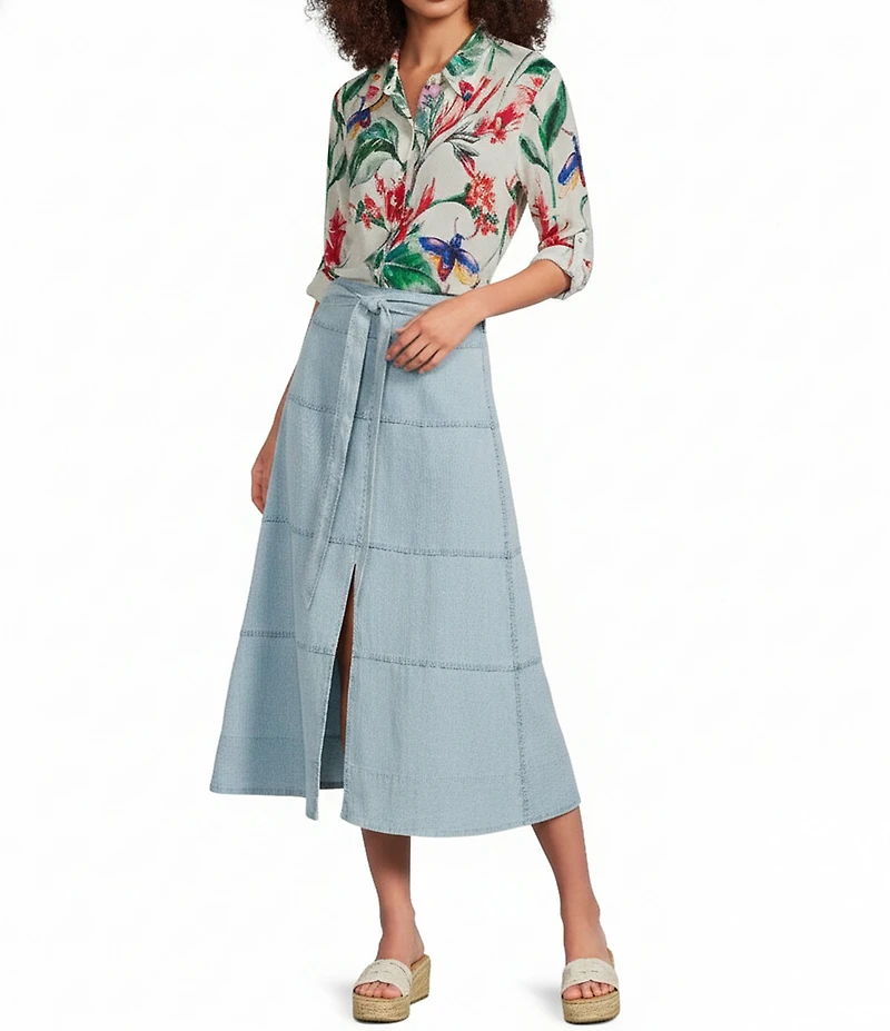 APNY Chambray Tiered Midi A-Line Skirt