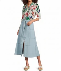 APNY Chambray Tiered Midi A-Line Skirt