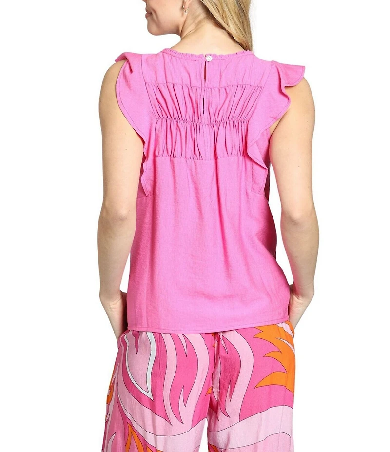 APNY Crinkle Woven Round Neck Cap Flutter Sleeve Top