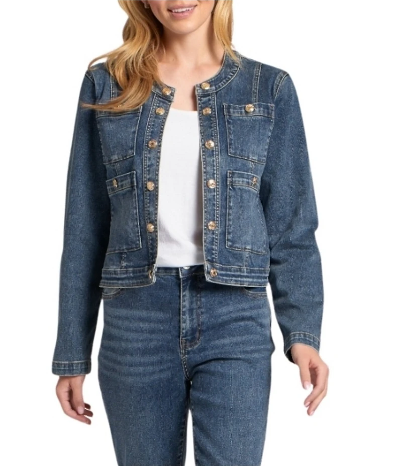 APNY Denim Collarless Long Sleeve Cropped Denim Jacket