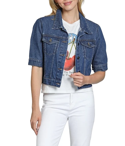 APNY Denim Spread Collar Short Sleeve Cropped Jacket