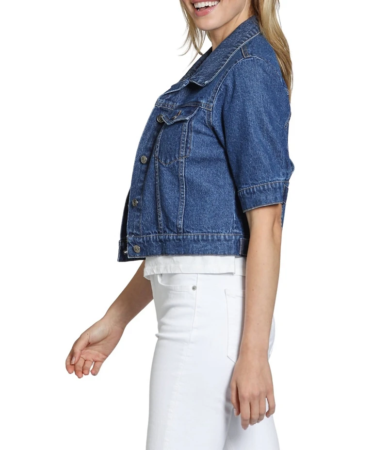 APNY Denim Spread Collar Short Sleeve Cropped Jacket