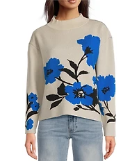 APNY Floral Jacquard Wool Blend Knit Crew Neck Long Sleeve Sweater
