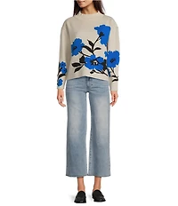 APNY Floral Jacquard Wool Blend Knit Crew Neck Long Sleeve Sweater